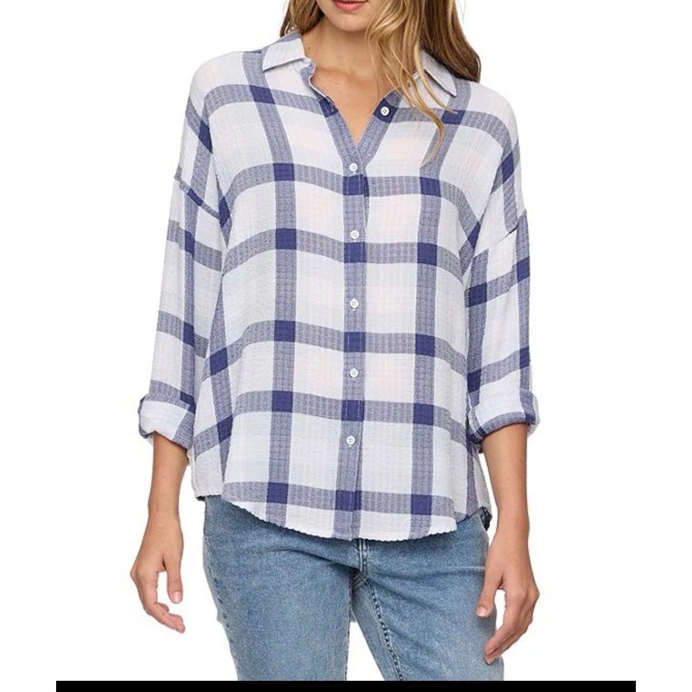 Flag & Anthem Womens Blue White Plaid Button Down Shirt Large SM25WS1477W